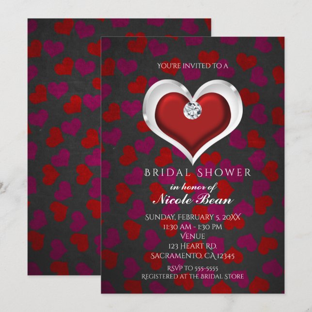 Invitaciones para fiesta de brillo de corazón rojo (Anverso / Reverso)