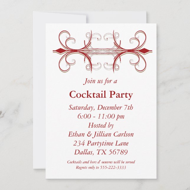 Invitaciones para fiesta de cóctel rojas y doradas (Anverso)
