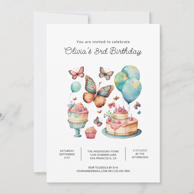Invitaciones para fiesta de cumpleaños de mariposa (Anverso)