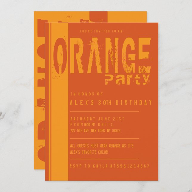 Invitaciones para fiesta de cumpleaños naranja (Anverso / Reverso)