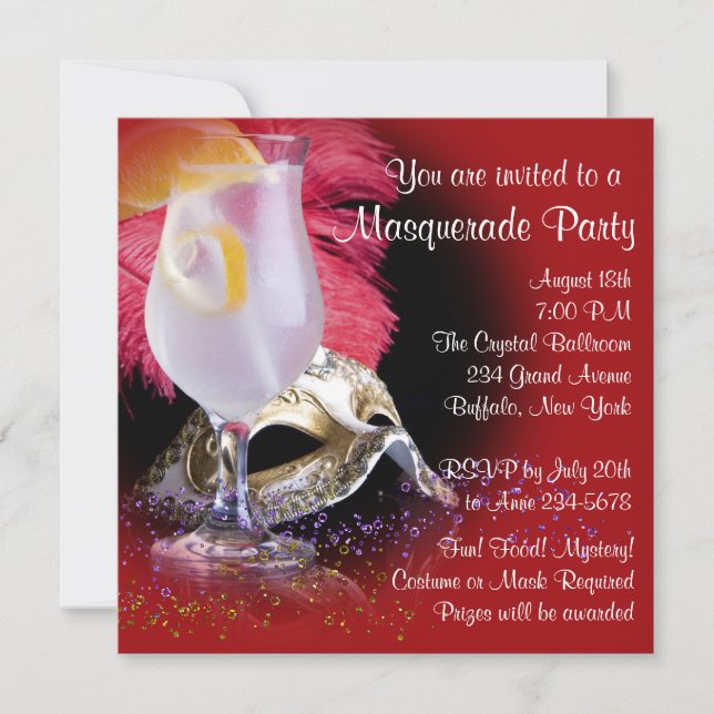 Invitaciones para fiesta de disfraz de rojo y negr (Anverso)