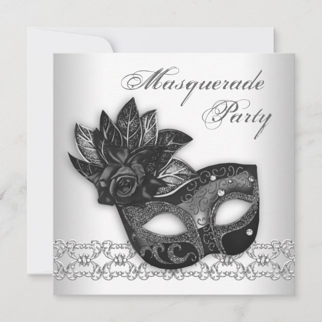Invitaciones para fiesta de disfraz en blanco y ne (Anverso)