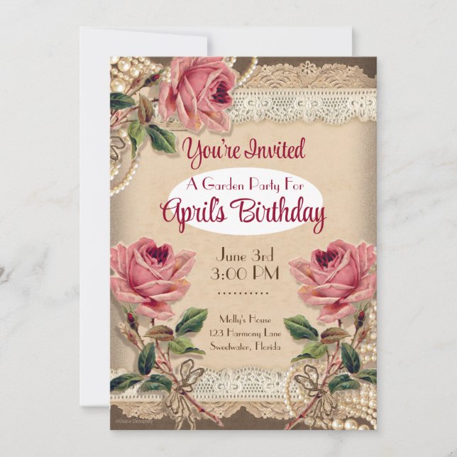 Invitaciones para Fiesta de Jardín de Rosas Rosada (Anverso)