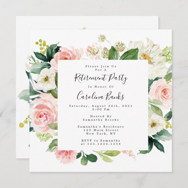 Invitaciones para Fiesta de Jubilación Floral, Cua (Anverso / Reverso)