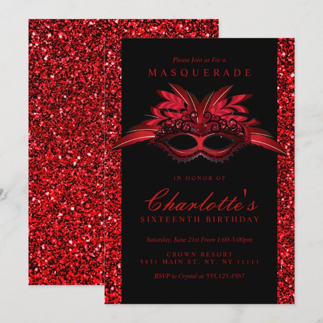 Invitaciones para Fiesta de Máscaras con Brillo Ro (Anverso / Reverso)