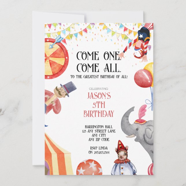 Invitaciones para fiesta de niños con tema de circ (Anverso)