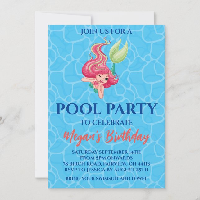 invitaciones para fiesta de piscina de sirena (Anverso)