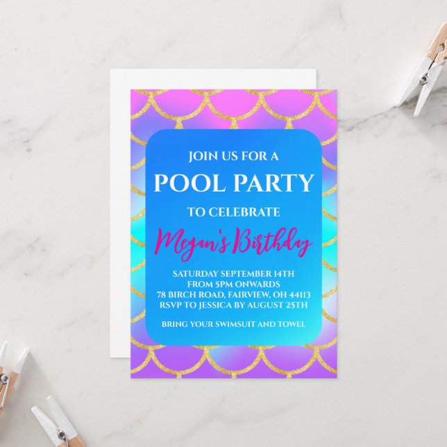 invitaciones para fiesta de piscina de sirena (Anverso/Reverso In Situ)