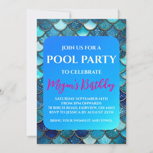 invitaciones para fiesta de piscina de sirena (Anverso)