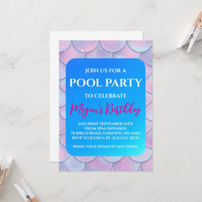 invitaciones para fiesta de piscina de sirena (Anverso/Reverso In Situ)
