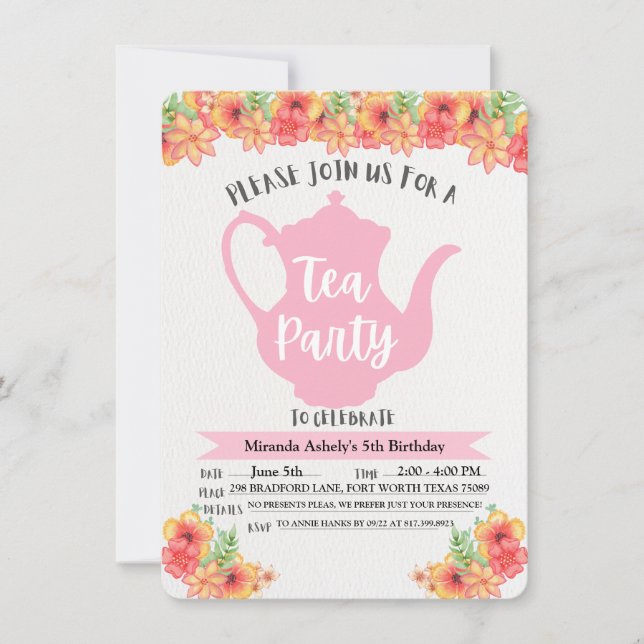 Invitaciones para Fiesta de Té para Niñas (Anverso)