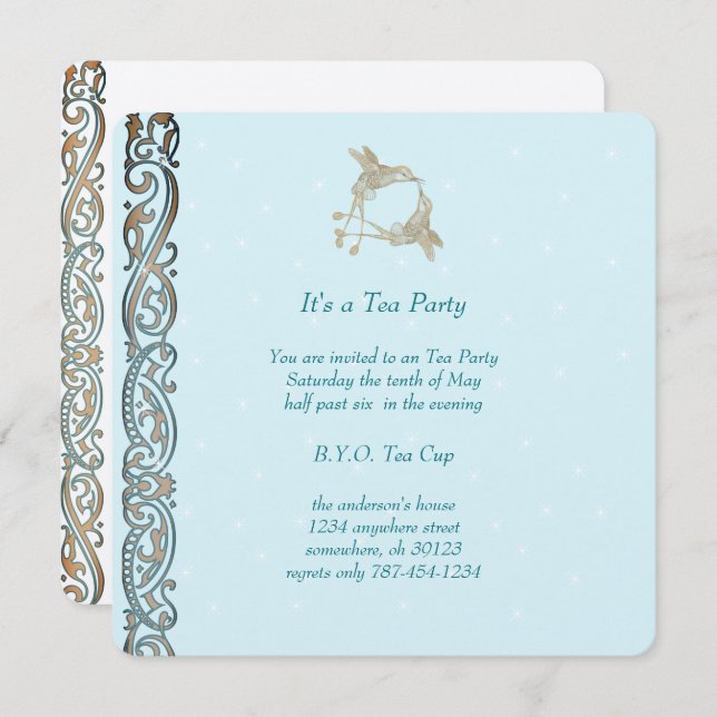 Invitaciones para fiesta del té de pájaro colibrí  (Anverso / Reverso)