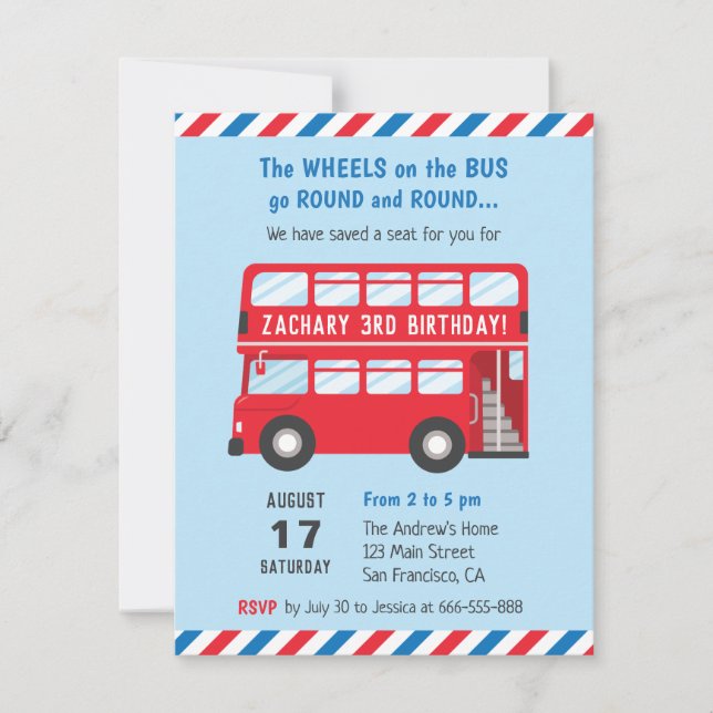 Invitaciones para fiesta infantil de autobús rojo  (Anverso)