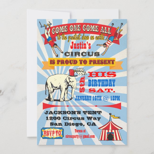 Invitaciones para fiestas al estilo del circo Post (Anverso)