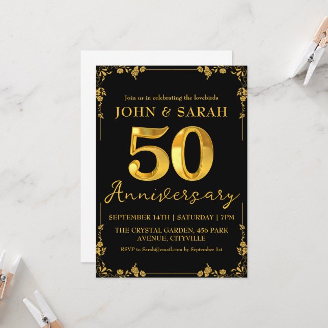 invitaciones para fiestas de 50 años en negro y or (Anverso/Reverso In Situ)