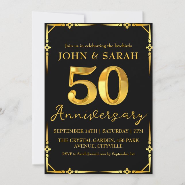 invitaciones para fiestas de 50 años en negro y or (Anverso)