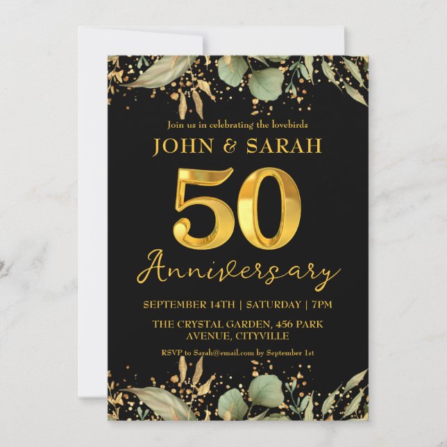 invitaciones para fiestas de 50 años en negro y or (Anverso)