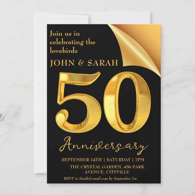 invitaciones para fiestas de 50 años en negro y or (Anverso)