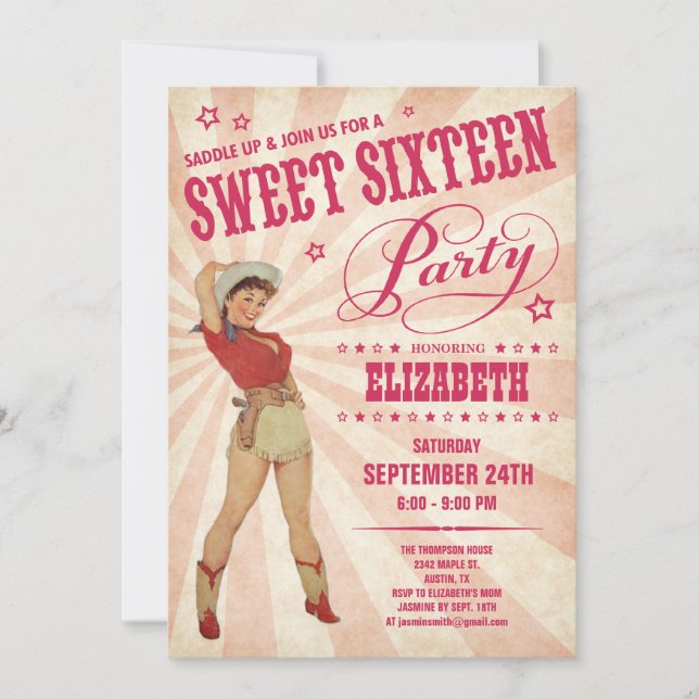 Invitaciones para fiestas de Cowgirl Sweet 16 (Anverso)