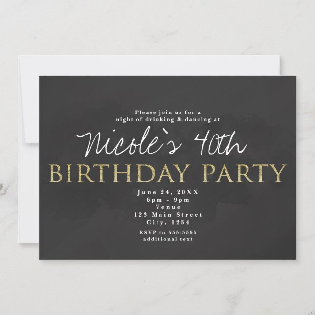 Invitaciones para fiestas de cumpleaños gris y oro (Anverso)