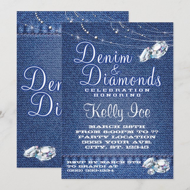 Invitaciones para fiestas de denim y diamantes (Anverso / Reverso)