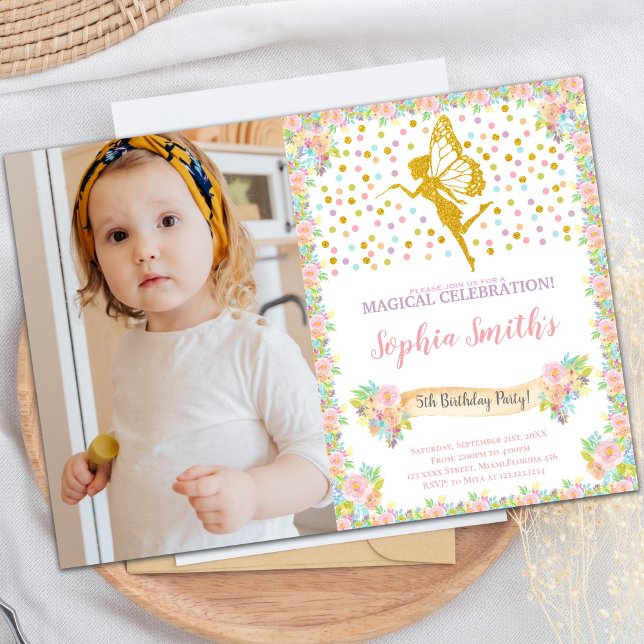 Invitaciones para fiestas de hadas de personalizab (Glitter Fairy Birthday Invitations with photo)