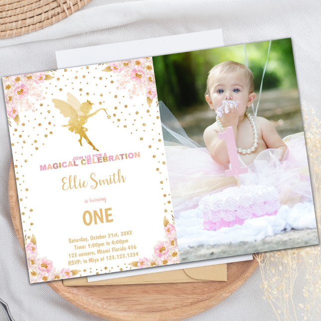 Invitaciones para fiestas de hadas de personalizab (Floral Glitter Fairy Birthday Invitations w Photo)
