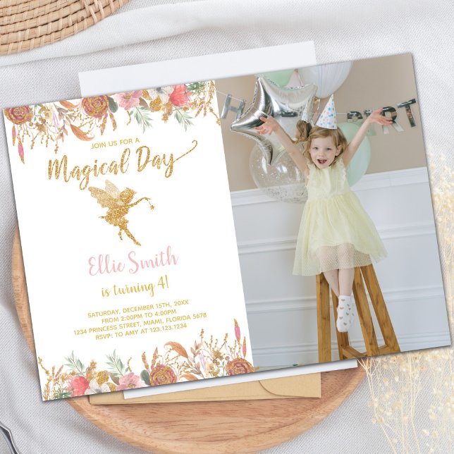 Invitaciones para fiestas de hadas de personalizab (Glitter Floral Fairy Birthday Invitations w photo)