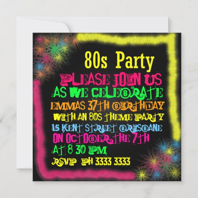 Invitaciones para fiestas de los 80 (Anverso)