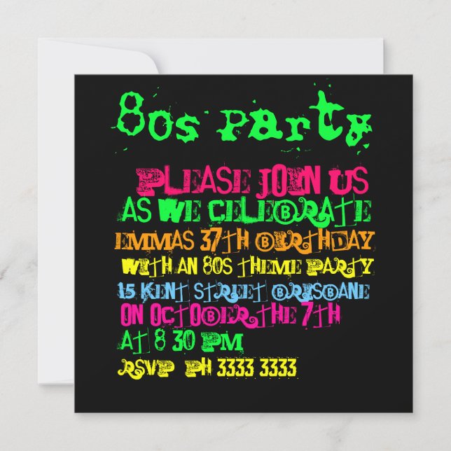Invitaciones para fiestas de los años 80 (Anverso)