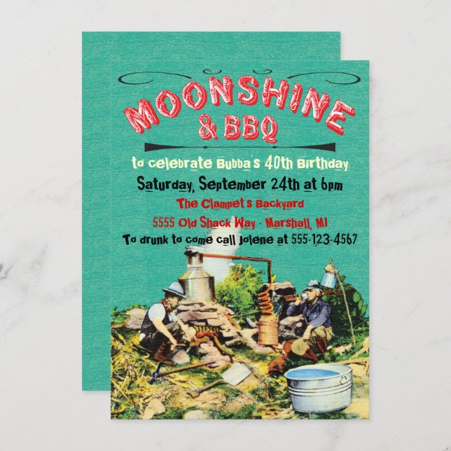 Invitaciones para fiestas de Moonshine y BBQ (Anverso / Reverso)