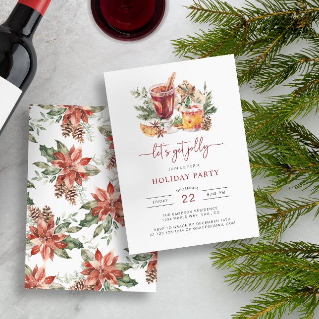 Invitaciones para fiestas de Navidades de bebidas  (Let's Get Jolly Holiday Party Invitation with Pattern on Back by Painted Paperie)