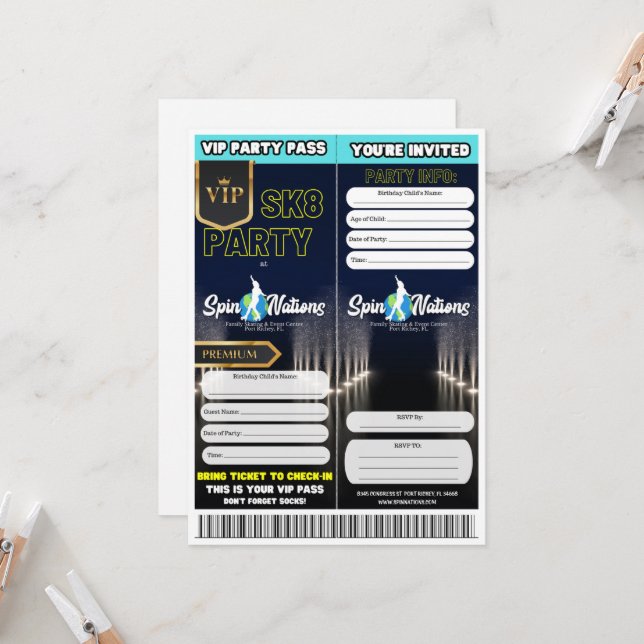Invitaciones para fiestas de patinaje VIP (Anverso/Reverso In Situ)