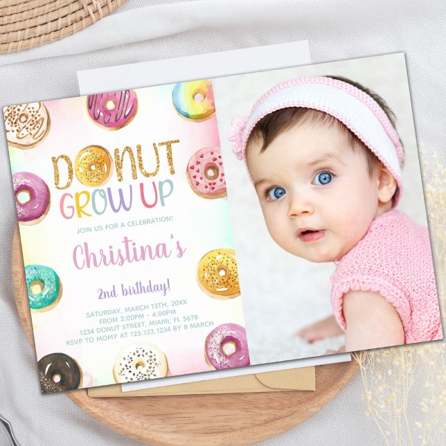 Invitaciones para fiestas de personalizable para n (Golden Glitter Donut Birthday Invitations w photo)
