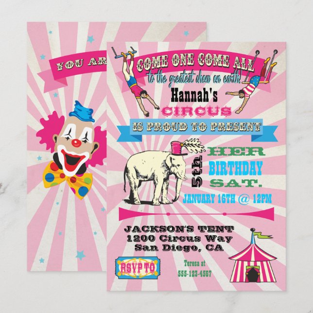 Invitaciones para fiestas de tipo GIrly Circus Pos (Anverso / Reverso)