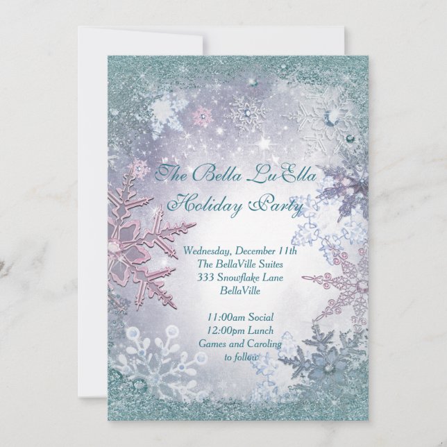 Invitaciones para fiestas de vacaciones con copos  (Anverso)