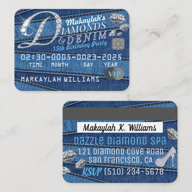 Invitaciones para fiestas Diamond & Denim (Anverso / Reverso)