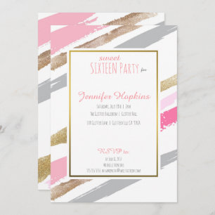 Invitaciones para fiestas en rayas rosadas, dorada