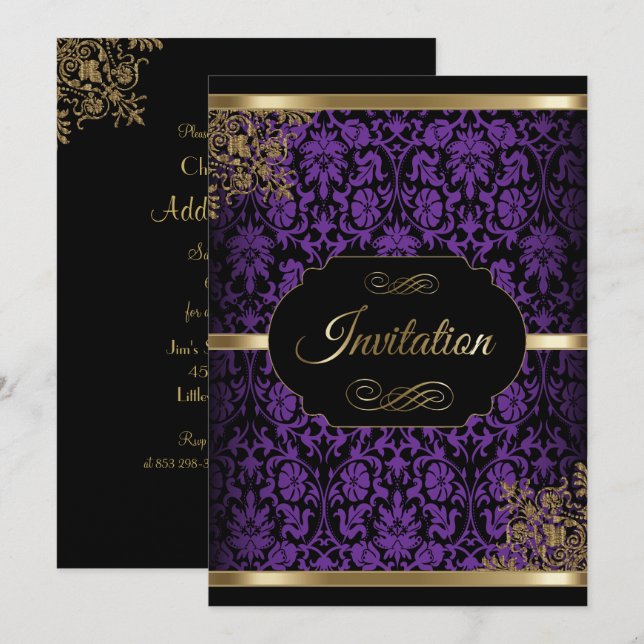 Invitaciones para fiestas moradas, doradas y negra (Anverso / Reverso)