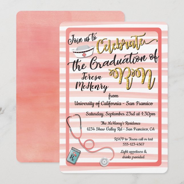 Invitaciones para graduación de enfermeras de oro  (Anverso / Reverso)