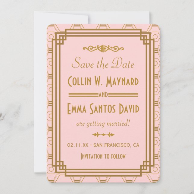 Invitaciones para guardar la fecha con arte deco r (Anverso)