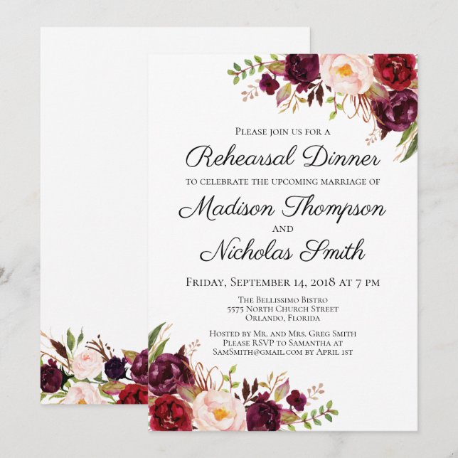 Invitaciones para la cena de los ensayos florales  (Anverso / Reverso)
