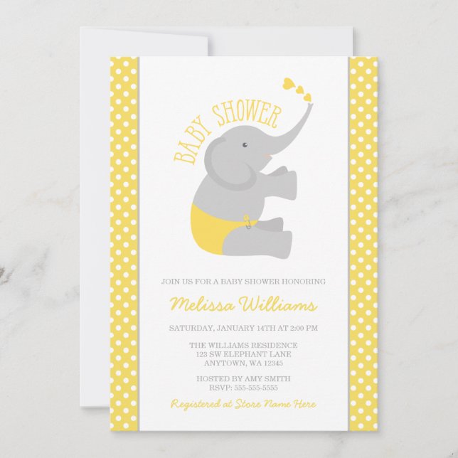 Invitaciones para la ducha de elefante gris amaril (Anverso)
