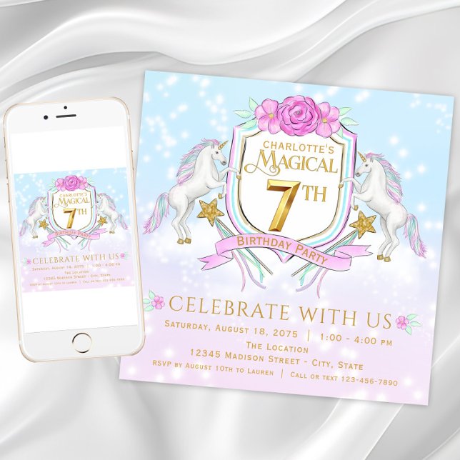 Invitaciones para la fiesta de cumpleaños de 7 año (Pretty unicorn 7th birthday party invitation. Download and printed invitations available.)