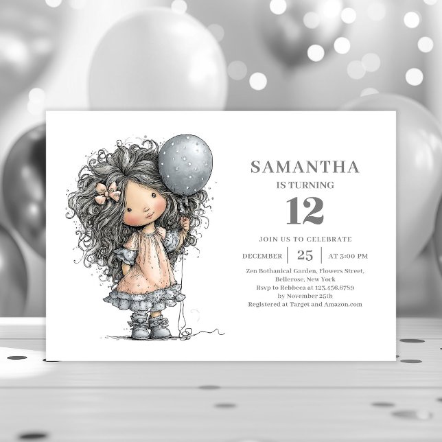 Invitaciones para la fiesta de cumpleaños número 6 (Quirky Girl 10th Birthday Black Gold Party invitation)