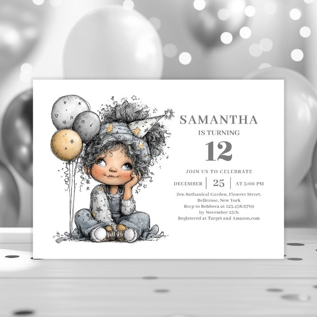 Invitaciones para la fiesta de cumpleaños número 7 (Funny Girl 7th Birthday Black Gold Party invitation)