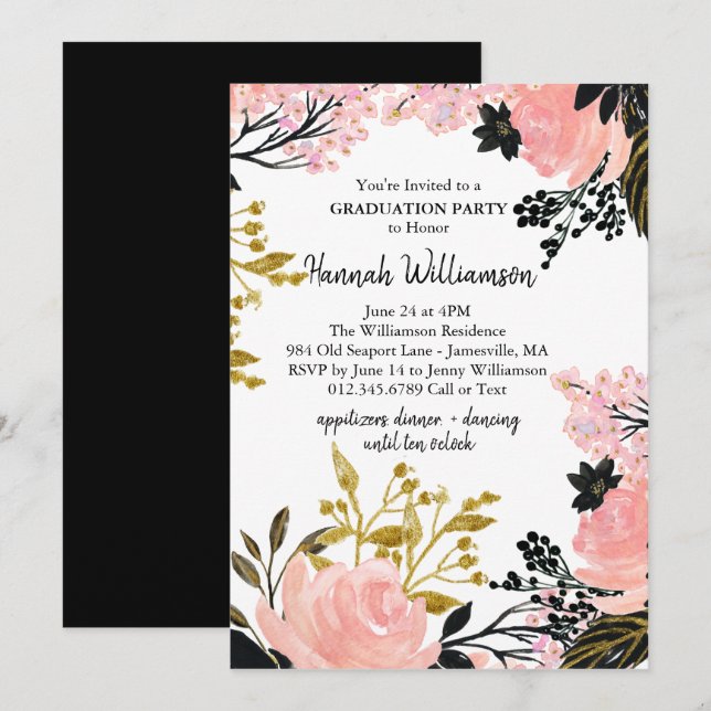 Invitaciones para la fiesta de graduación rosa, do (Anverso / Reverso)