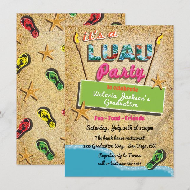 Invitaciones para la Fiesta de Luau en la Playa Tr (Anverso / Reverso)