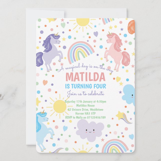 Invitaciones para la Fiesta de Unicornios Pequeños (Anverso)