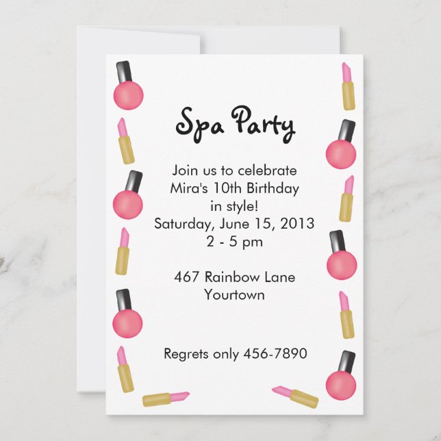 Invitaciones para la fiesta Kids Spa con cosmético (Anverso)